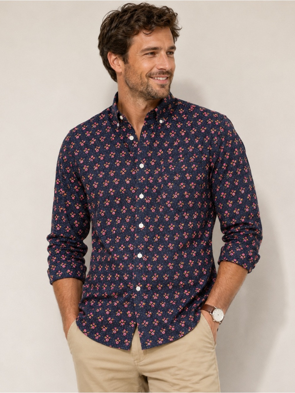 J.Crew Secret Wash Floral Button Down Shirt Men's M Stretch Navy Pink Cotton